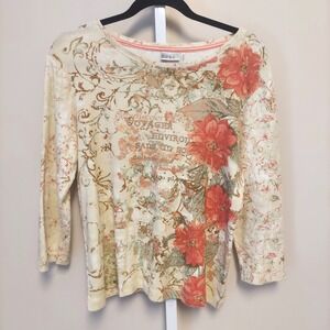 Nicole Miller AOP All Over Floral French Graphic Cotton Top L Boho Shabby Chic